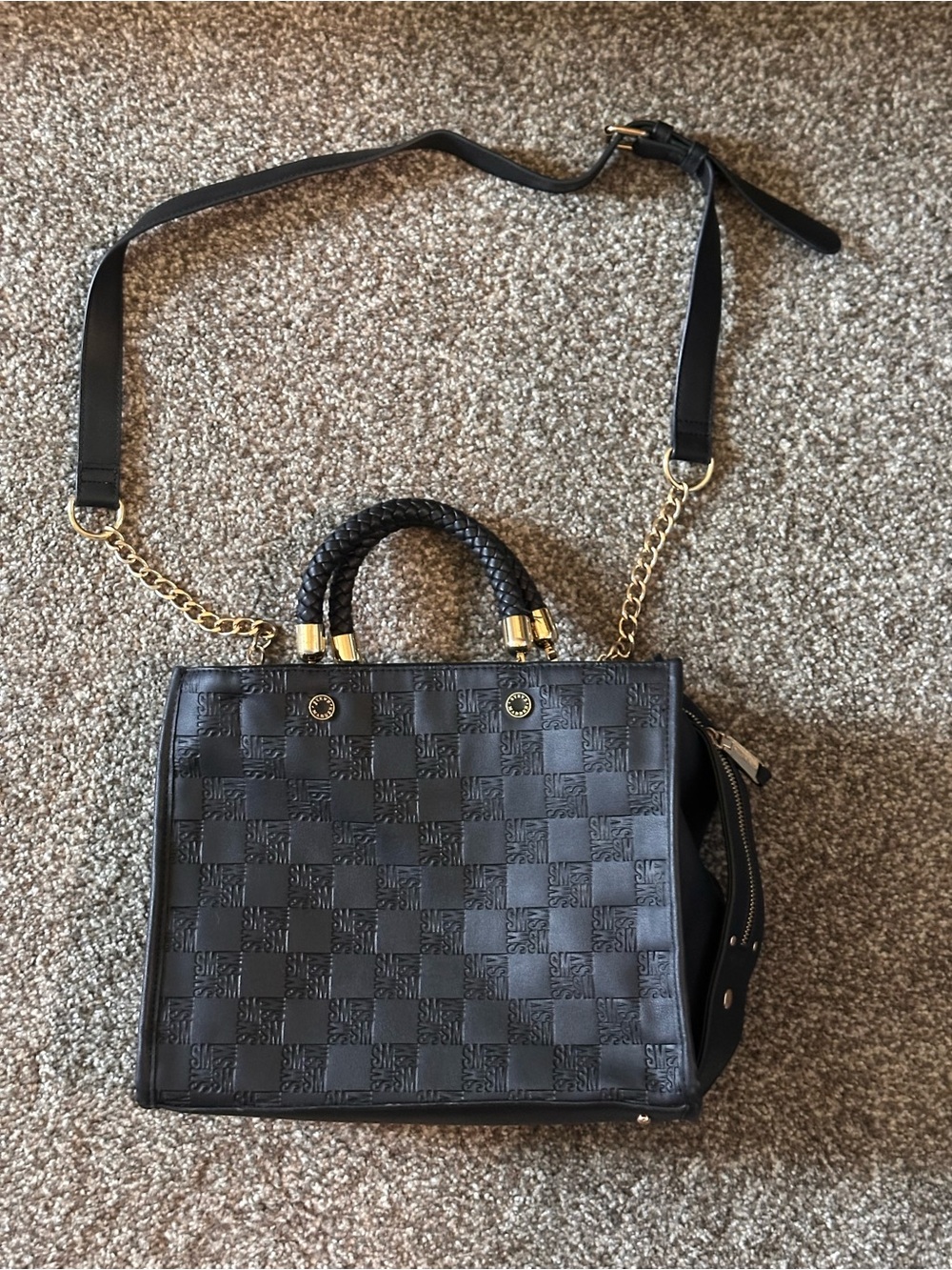 Steve Madden Black Checker-Embossed Top-Handle Crossbody with Gold Chain